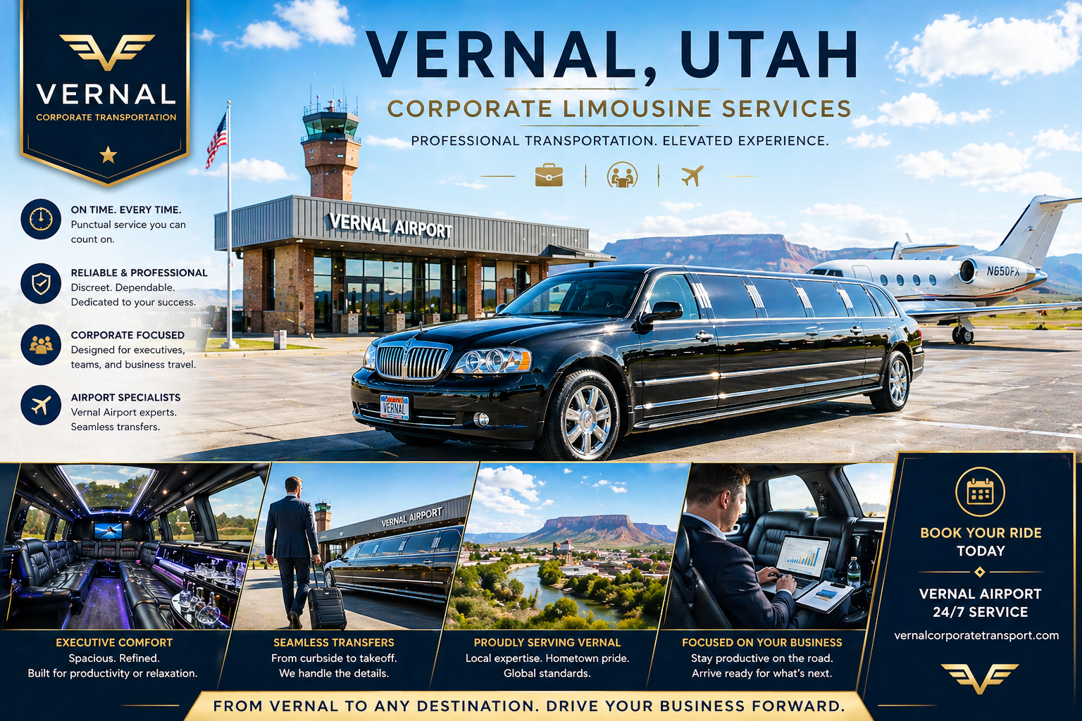 Executive boarding limousine outside Vernal office