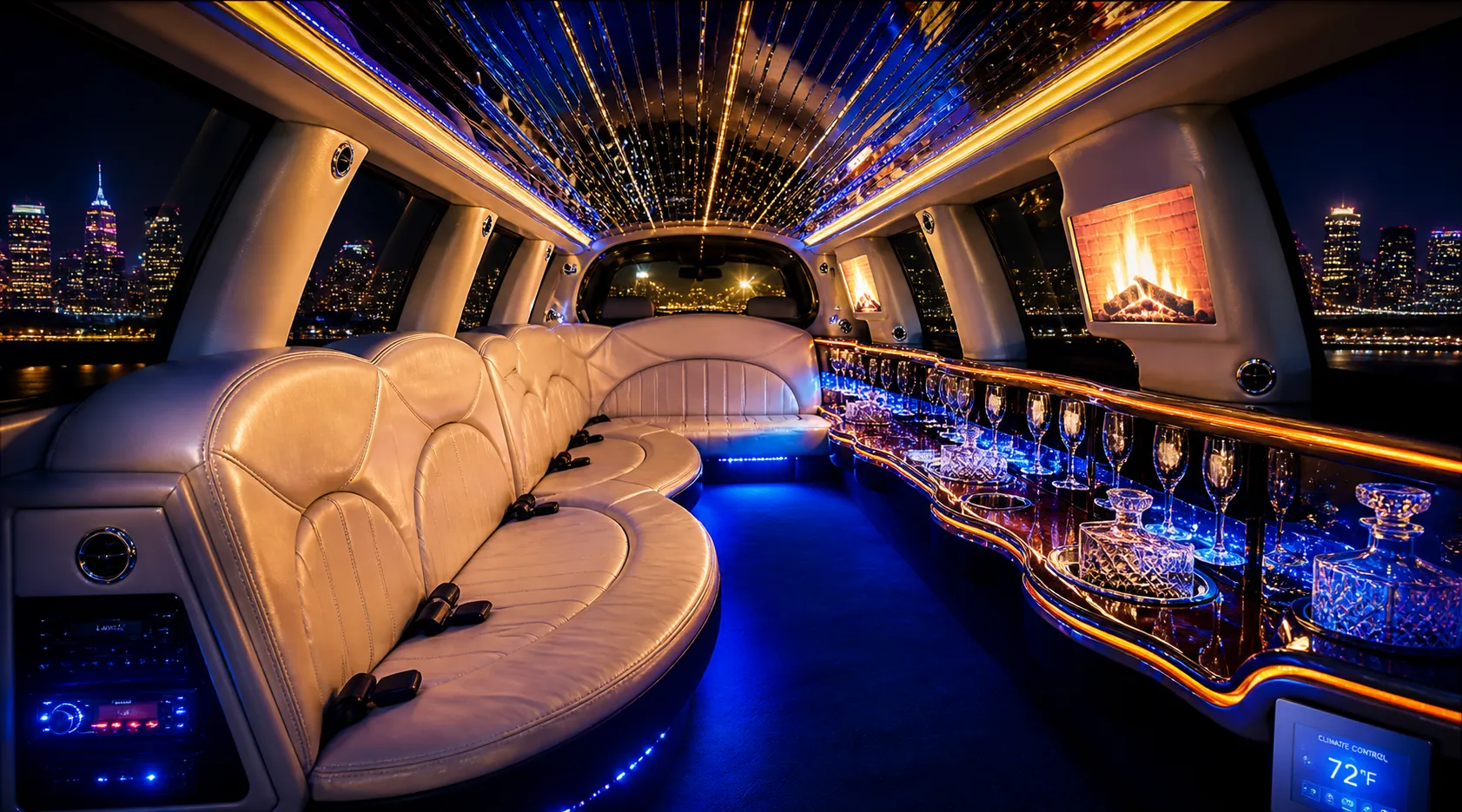 Stretch limousine cabin with wide leather seating
