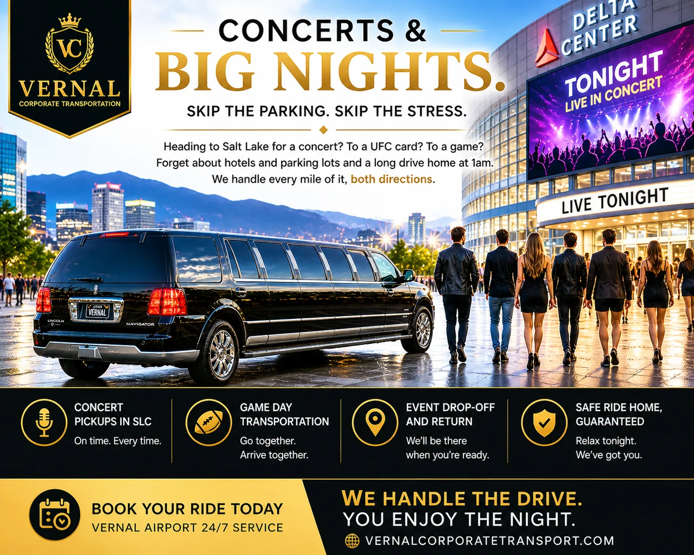 Bachelor party limousine outside venue at night
