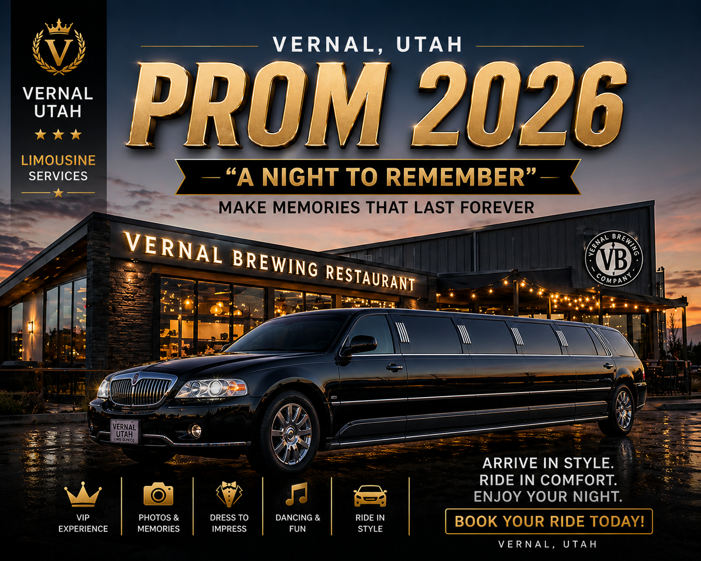 Limousine outside school on prom night