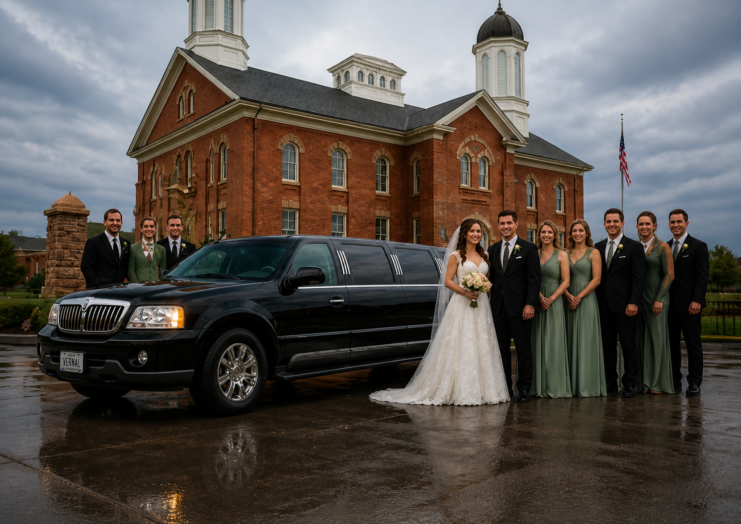 Bride and groom inside limousine after ceremony